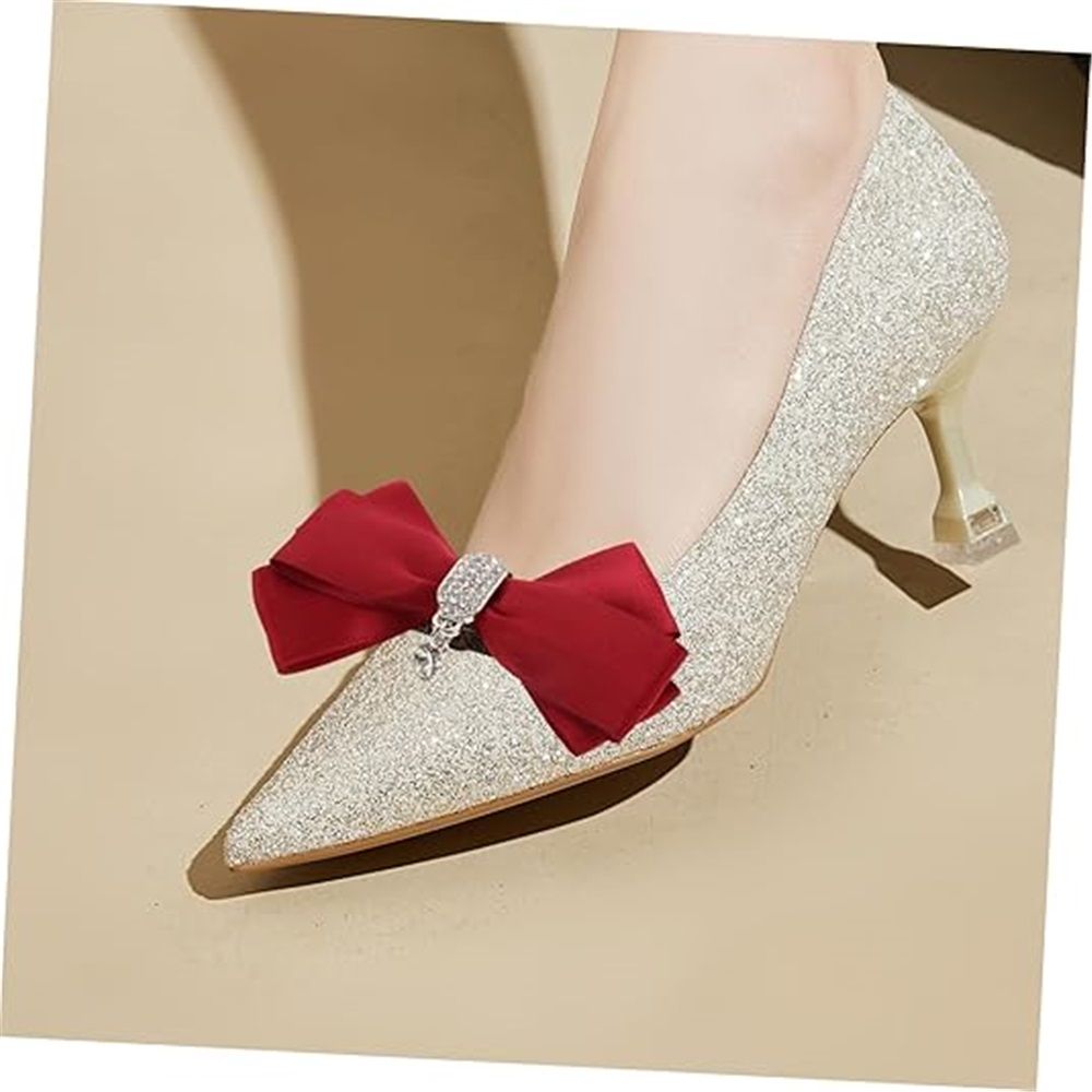 4Pcs Women Bow Removable Shoe Buckles Rhinestone Detachable Shoes Clips for Women Shoes Accessories（Red）