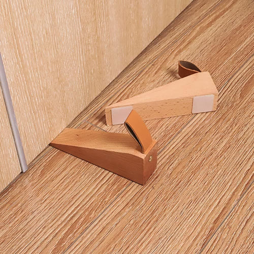2Pack Wooden Door Stopper Non-Slip Security Wood Door Wedge with Leather Strap for Hanging Door Stopper, in House Bedroom Office Living Room Hotel Cabin（Beech wood small size）