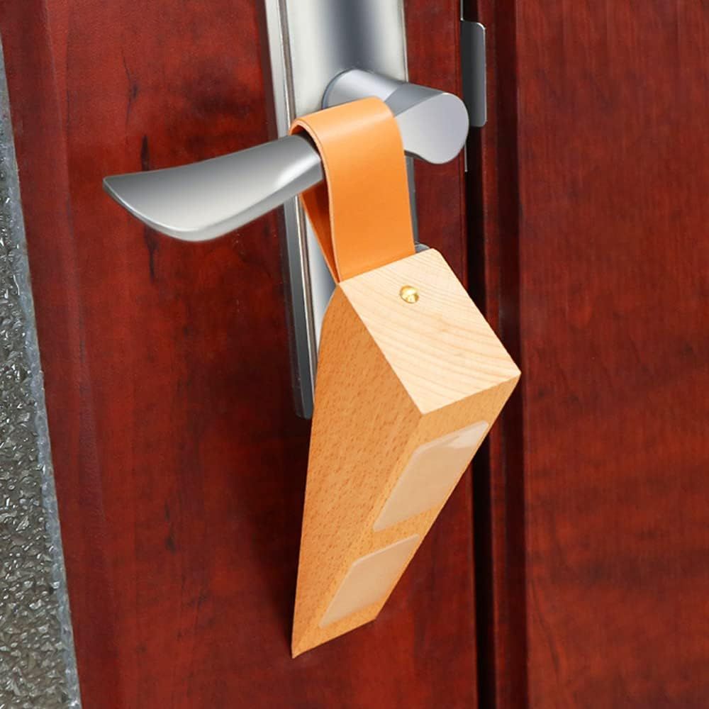 2Pack Wooden Door Stopper Non-Slip Security Wood Door Wedge with Leather Strap for Hanging Door Stopper, in House Bedroom Office Living Room Hotel Cabin（Beech wood small size）