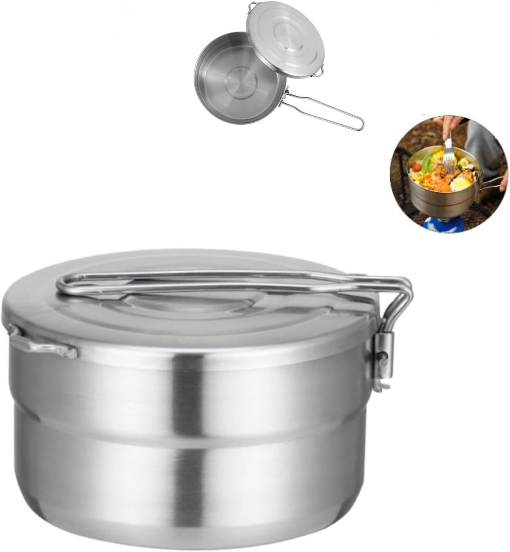 Stainless Steel Cook Pot with Lid and Folding Handle - 1.5L Large Capacity Bento Pot for Camping and Hiking