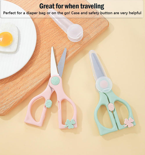 2pcs Safe stainless steel scissors for toddlers with safety lock and suitcase, the best scissors for cutting children's food, portable and healthy baby assistant (pink+Green)
