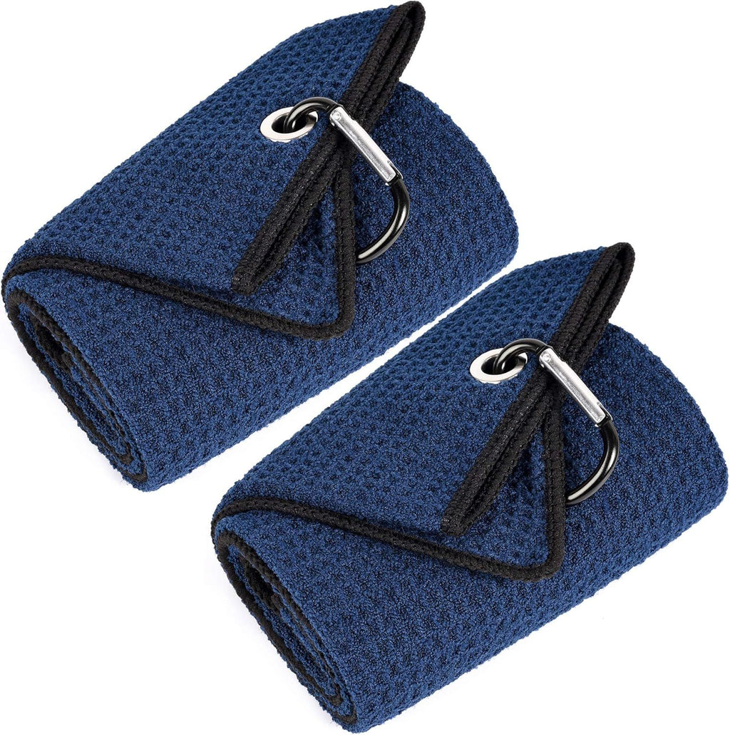 Tri-Fold Golf Towels, 2 Pack Waffle Pattern Towels Soft Fiber Strong Water Absorption with D Clip for Golf Lovers, Navy Blue