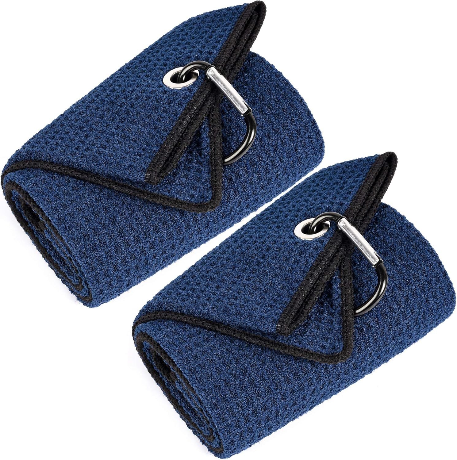 Tri-Fold Golf Towels, 2 Pack Waffle Pattern Towels Soft Fiber Strong Water Absorption with D Clip for Golf Lovers, Navy Blue
