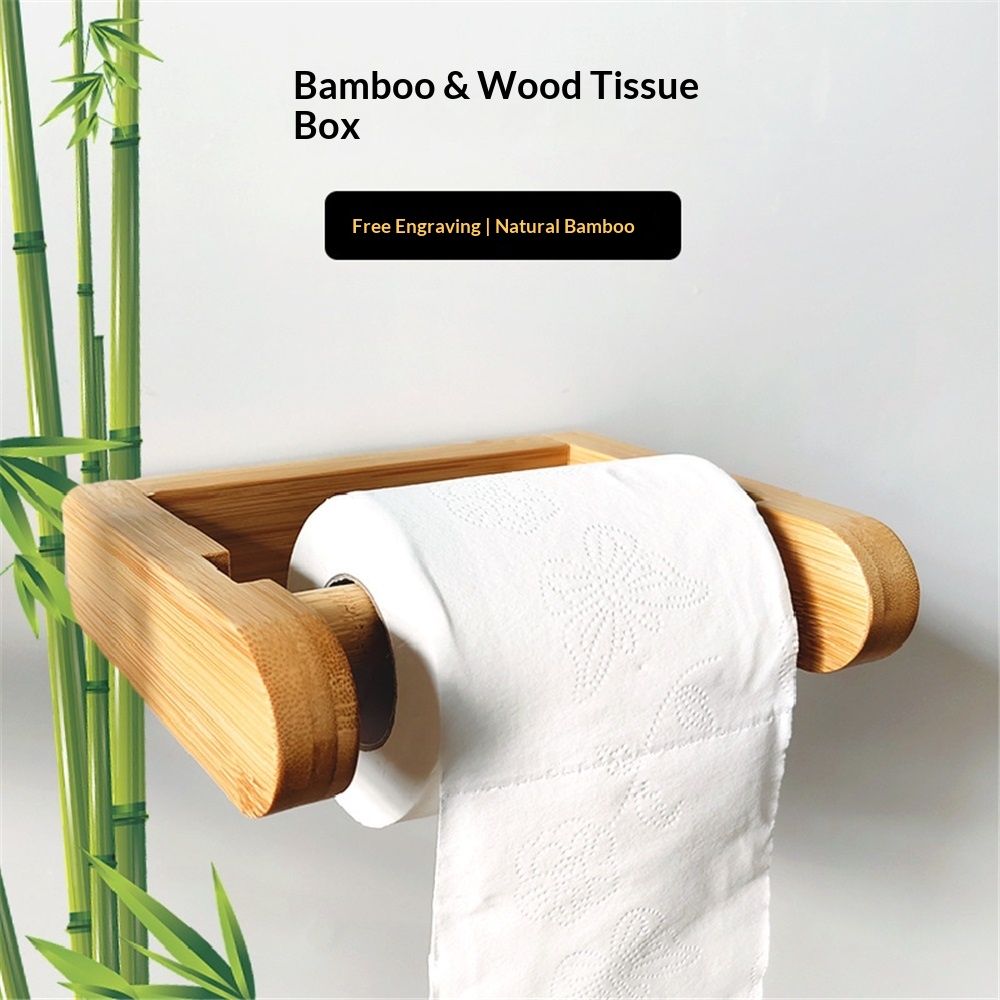 Bamboo toilet paper roll holder without drilling, natural bamboo toilet paper roll holder, ecological toilet paper dispenser（U-shaped belt stick）