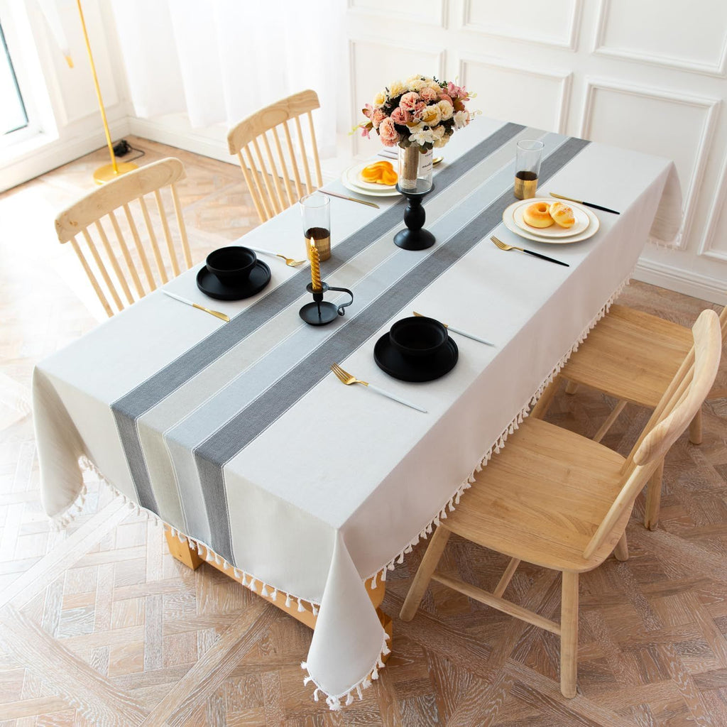 Tablecloths for Rectangle Tables, Cotton Linen Table Cloth Waterproof Tablecloth Wrinkle Free Farmhouse Dining Tables Cover, Soft Fabric Table Cloths with Tassels, Striped gray 90*140cm
