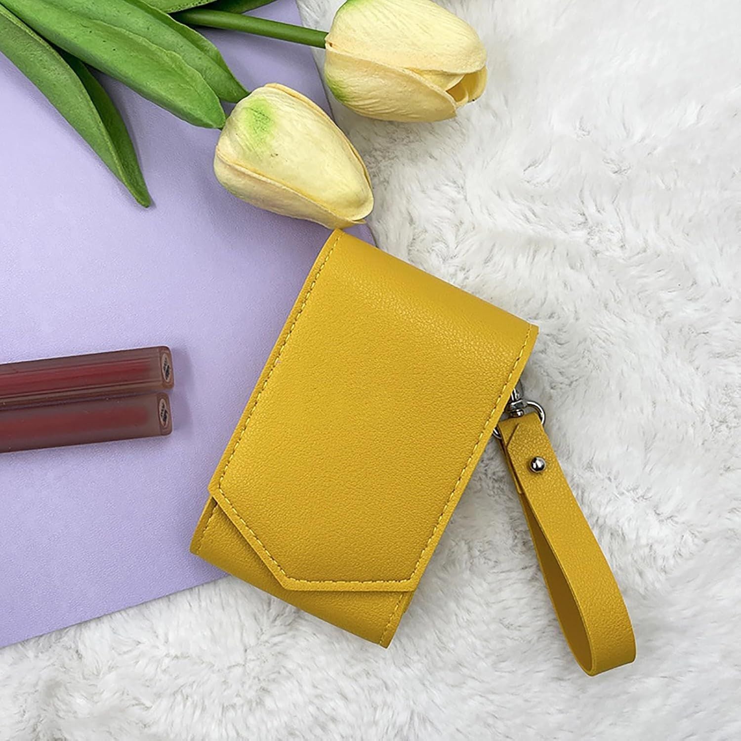 2pcs PU Leather Lipstick Storage Box with Mirror - Mini Makeup Pouch for Travel - Cute Lipstick Holder Organizer for Purse Fits 3 Lipsticks