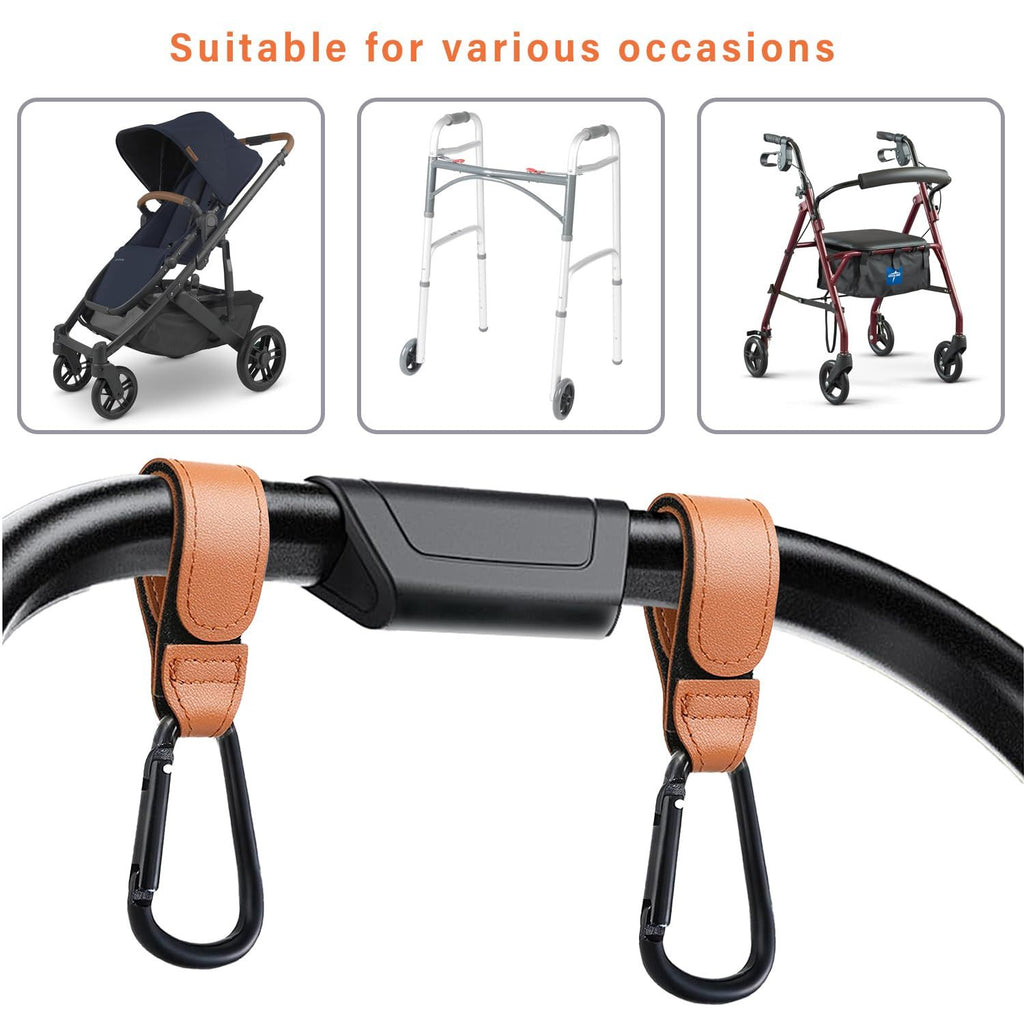 Baby Stroller Hooks Bag Hooks for Hanging Diaper Bags Multipurpose Hooks for Grocery Shopping Bags Premium Vegan Leather Pram Straps 4 Pcs (Brown)