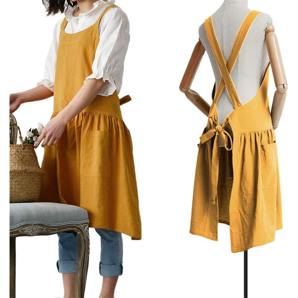 Women's cotton and linen apron with cooking and cleaning pockets, yellow, without waistband (ginger yellow)
