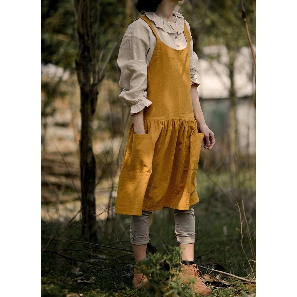 Women's cotton and linen apron with cooking and cleaning pockets, yellow, without waistband (ginger yellow)