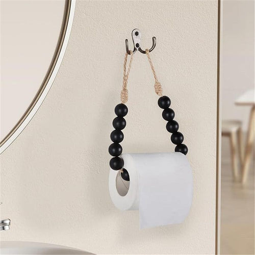 2pcs Natural Wood Bead Toilet Paper Holder Handmade Boho Rustic Farmhouse Wall Mounted Bathroom Kitchen Decor (Black)