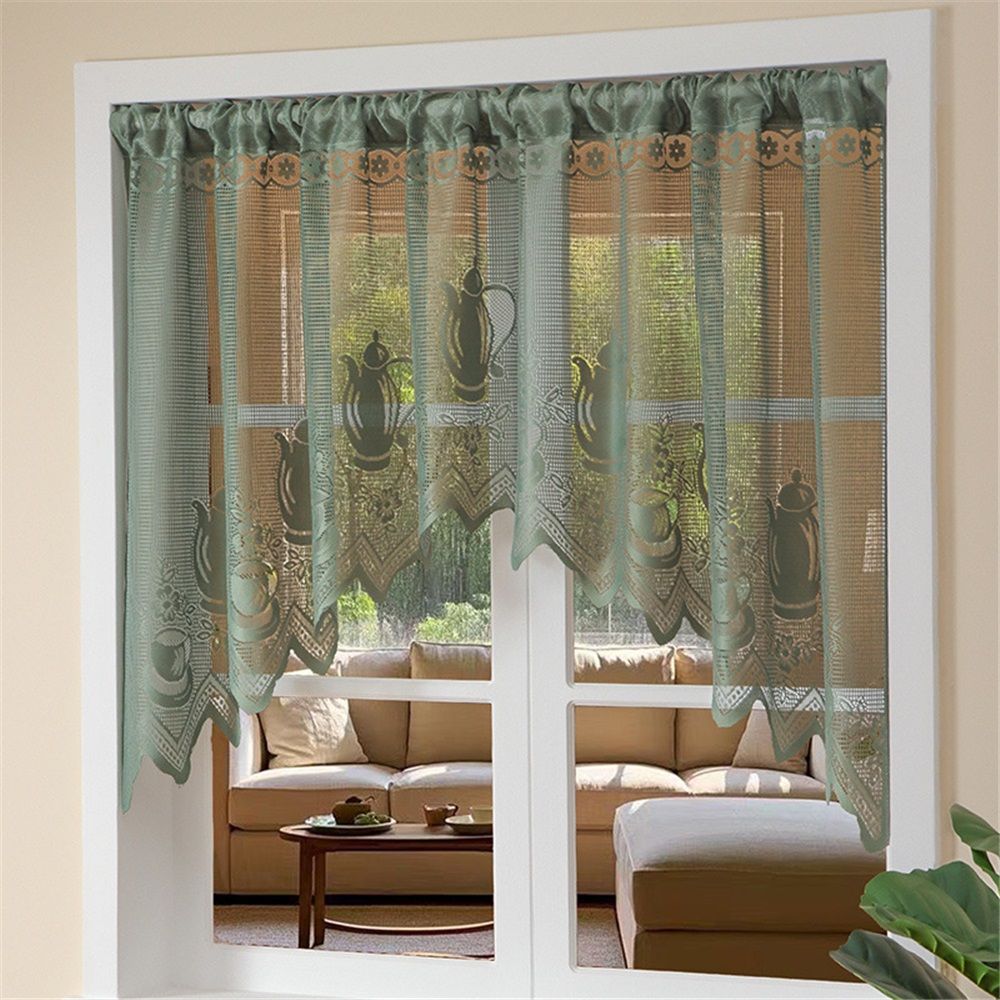 Half curtain lace decoration coffee curtain dust blocking curtain atmosphere curved curtain non perforated partition curtain bedroom（Green200*100cm）