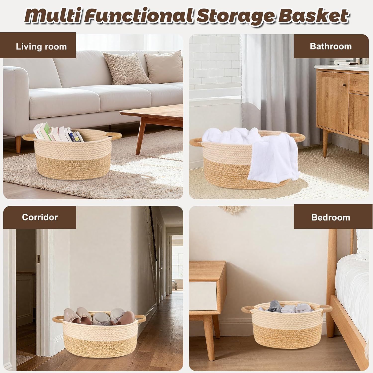 Medium Rope Basket with Handles, Medium Storage Basket, Home Decor Organizer for Towels,toys, Books & Magazines