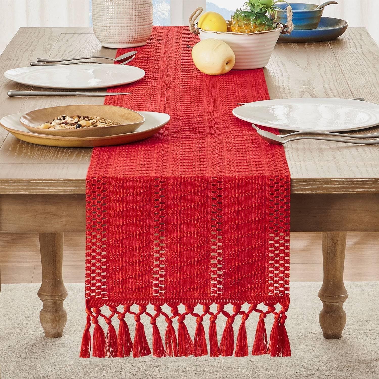 Bohemian style tablecloth, red tassel tablecloth, 140cm long, farmhouse woven home decoration, red  140*33cm