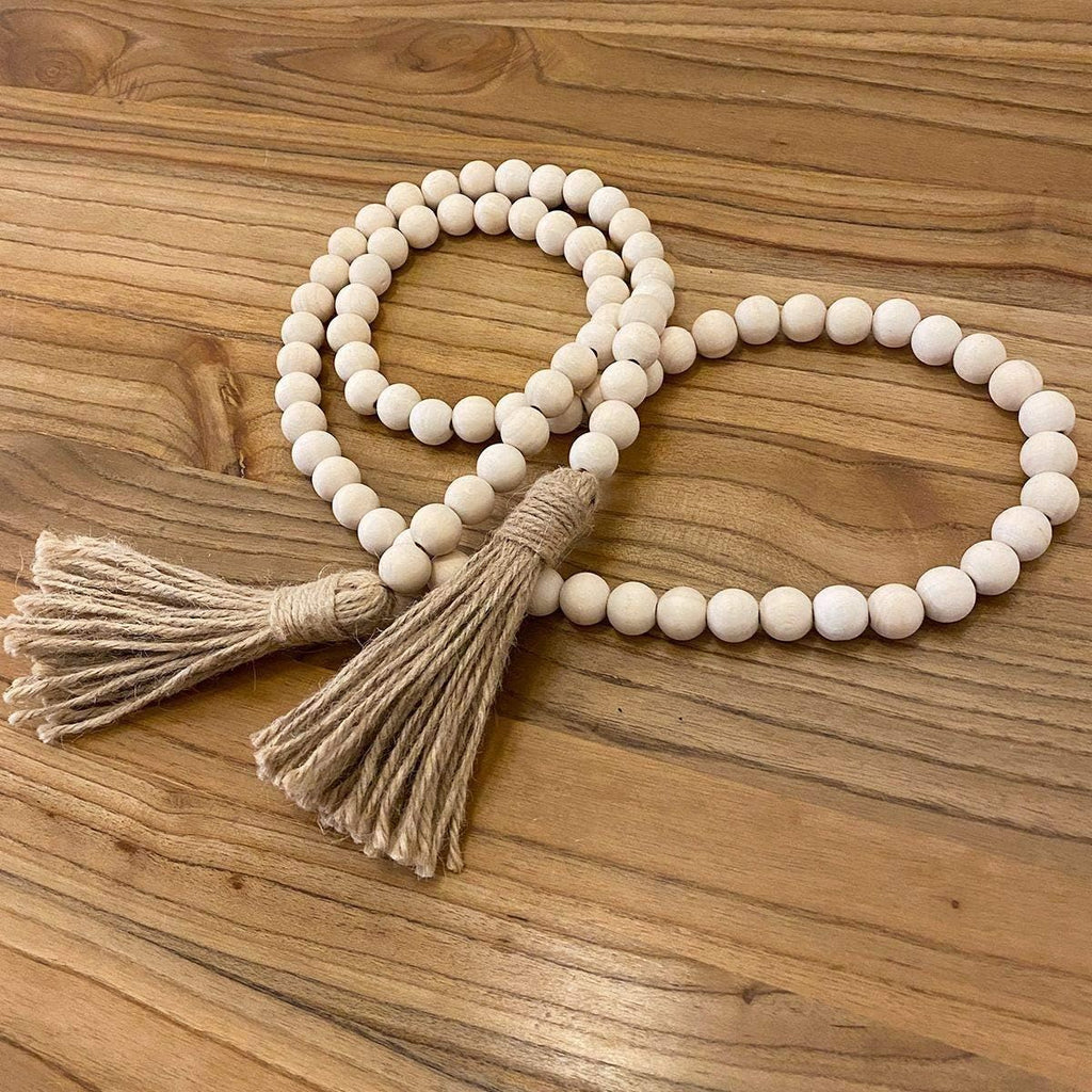 Farmhouse Beads Wood Bead Garland with Tassels Rustic Country Decor Boho Beads Big Wall Hanging Decor (2 Pack)