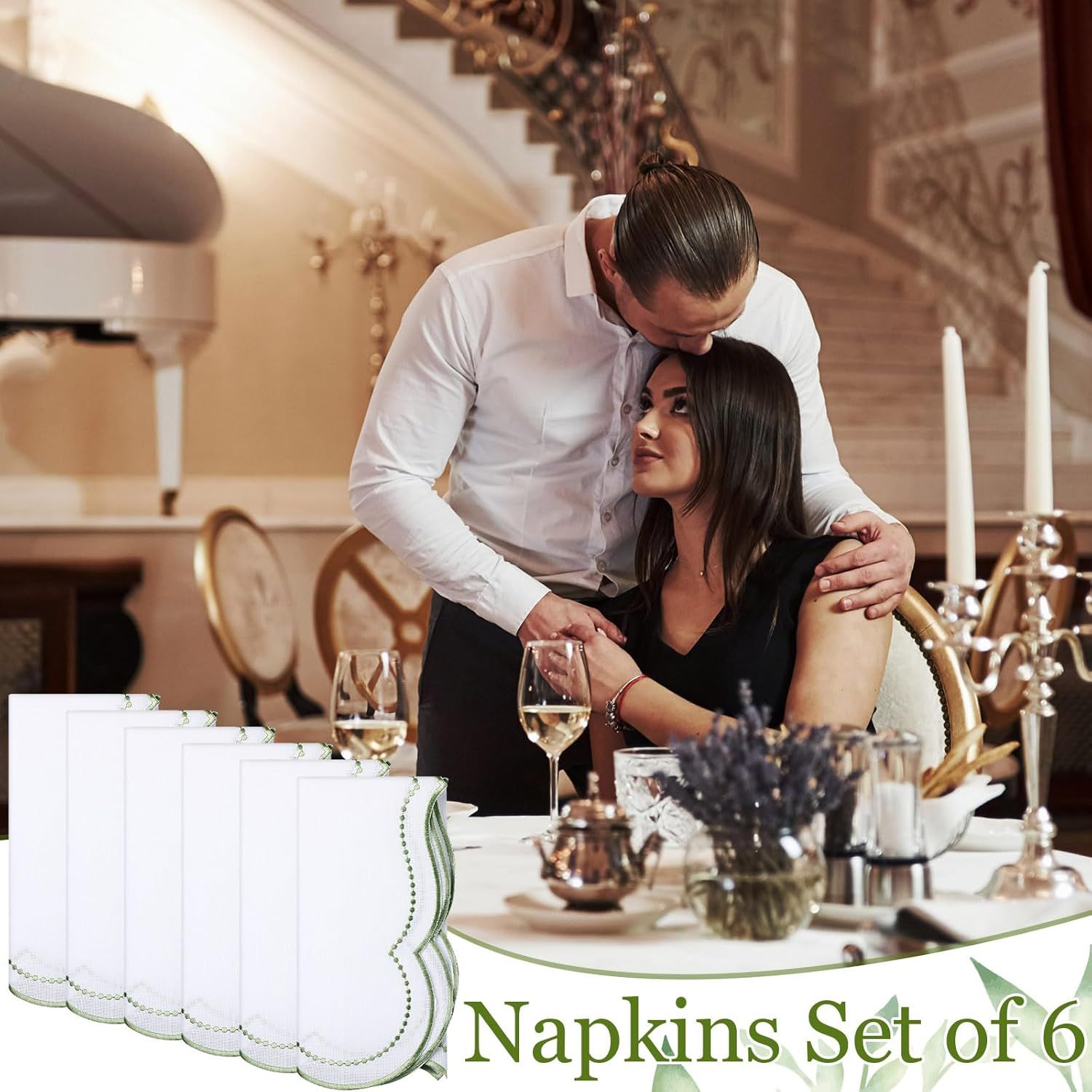 6 Set Cloth Napkins  Scalloped Embroidery Cloth Napkins Washable Polyester Table Dinner for Hotel Restaurant Weddings Events Parties (Bean green border)