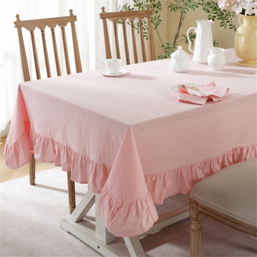 Solid Color Ruffled Tablecloth Cotton Rectangular Square Table Cover Decoration for Kitchen Dinning（pink）