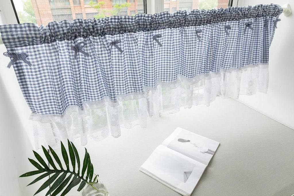 Blue and white checkered curtains, lace semi transparent kitchen curtains, living room semi curtains (blue 106 * 45cm)