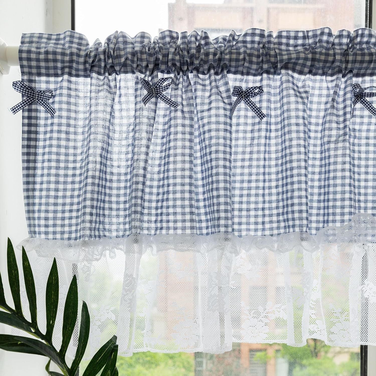 Blue and white checkered curtains, lace semi transparent kitchen curtains, living room semi curtains (blue 106 * 45cm)