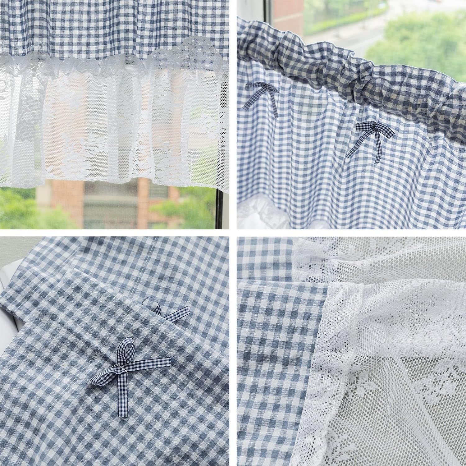 Blue and white checkered curtains, lace semi transparent kitchen curtains, living room semi curtains (blue 106 * 45cm)