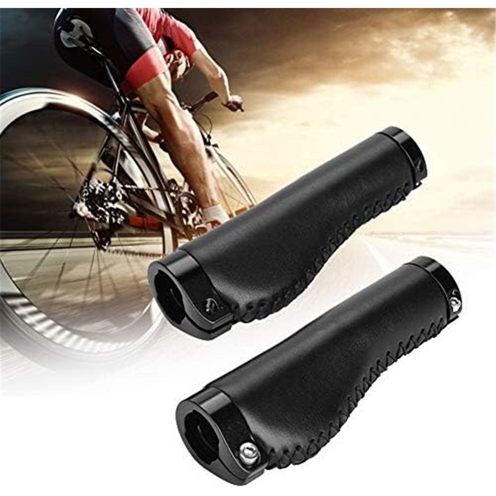 1 Pair Leather Grips Lock On Locking PU Handlebar Grips Grip Handle End Holding Locking Grips for  Mountain Bike(Black)