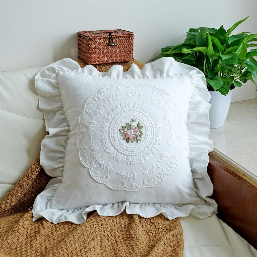 Cotton Lace Embroidery Throw Pillow Covers Boho Neutral Cushion Case Soft Accent Pillowcase for Spring Sofa Couch Bed Living Room Home Decor（white 45*45cm）