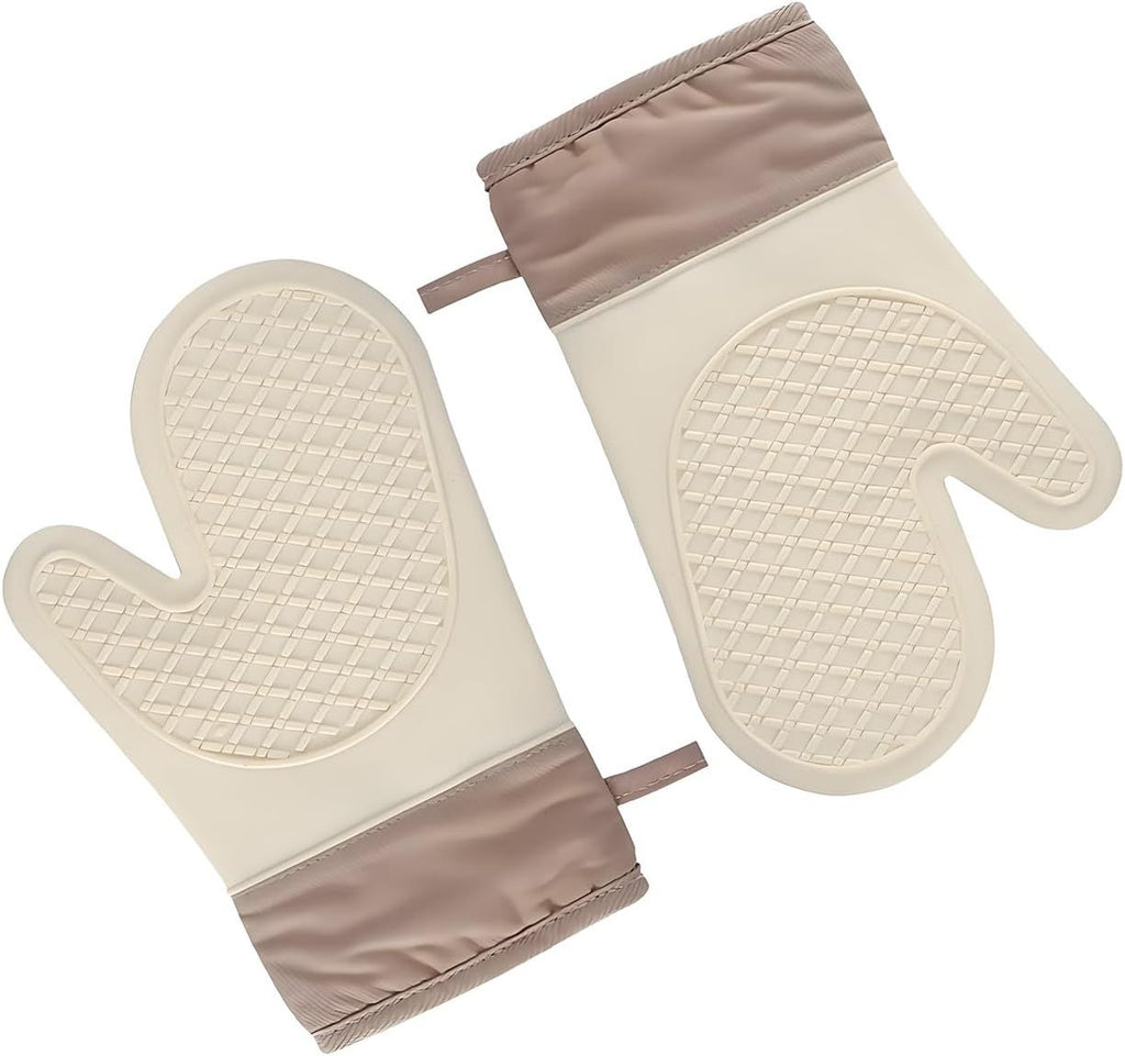 Silicone Oven Mitts，Heat Resistant up to 300°F, Oven Gloves with Soft Lining, Non-Slip Kitchen Essentials, Kitchen Gadgets, Apartment Essentials, Great Gift for Cooking (beige-1pair)