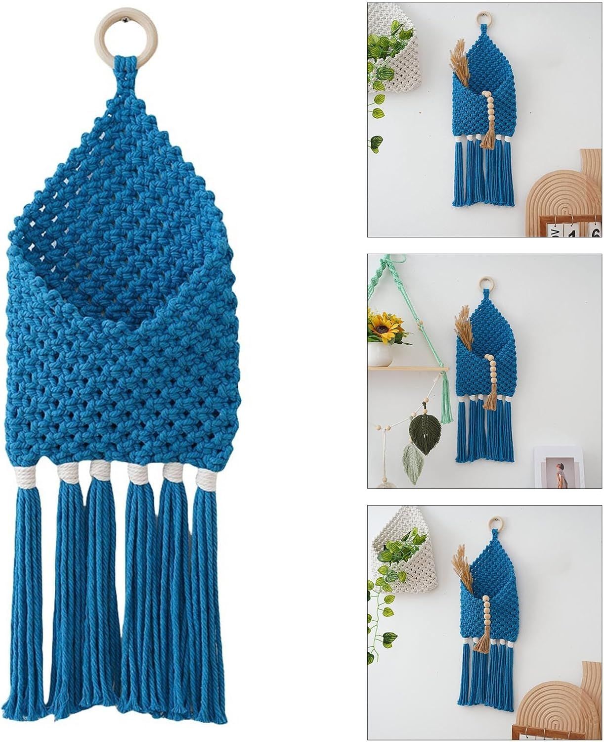 Handwoven Cotton Tassels Wall Hanging Basket Organizers Pocket For Dried Flower Mail Holder Nursery Home Decoration Wall Hanging Basket（Blue）