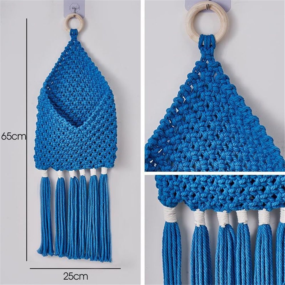 Handwoven Cotton Tassels Wall Hanging Basket Organizers Pocket For Dried Flower Mail Holder Nursery Home Decoration Wall Hanging Basket（Blue）
