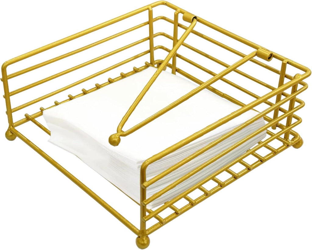 Napkin Holder for Table, Flat Napkin Dispenser with Weighted Arm, Square Cocktail Paper Holder of Elegant Rustic Iron for Kitchen Dining Room Decor Restaurant Farmhouse Hotel Party, Gold