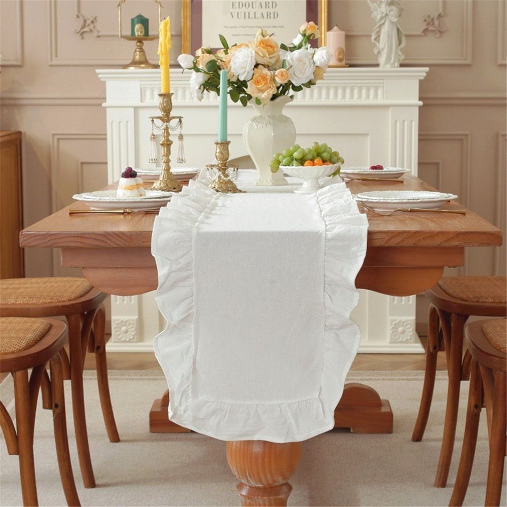 White Ruffle Table Runner Cotton Fabric 35*120CM Farmhouse Rustic Ruffled Edge Table  Wedding Decor for Valentines Baby Bridal Party
