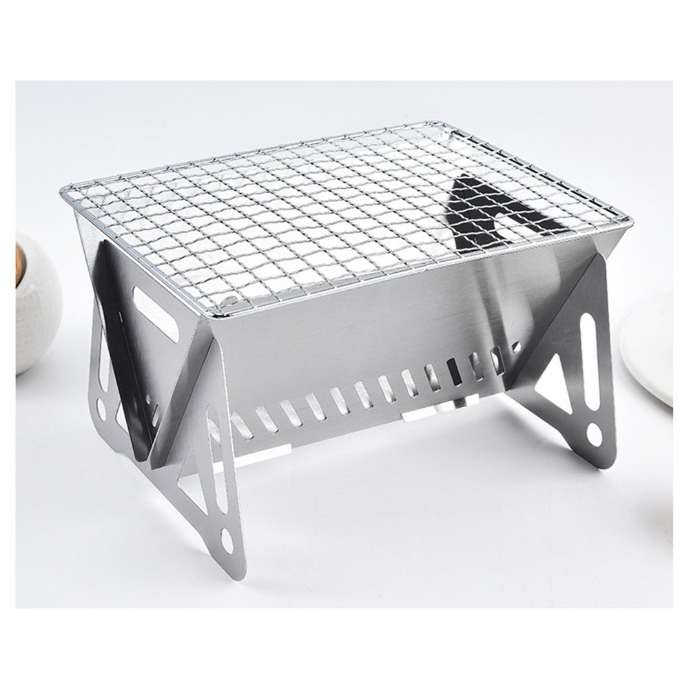 Portable Backpacking Stove with Grill Grid, Folding Stainless Steel Charcoal Grill, Ultralight BBQ Wood Burning Camp Stove for Hiking Picnic Garden Backyard Cooking（small size）