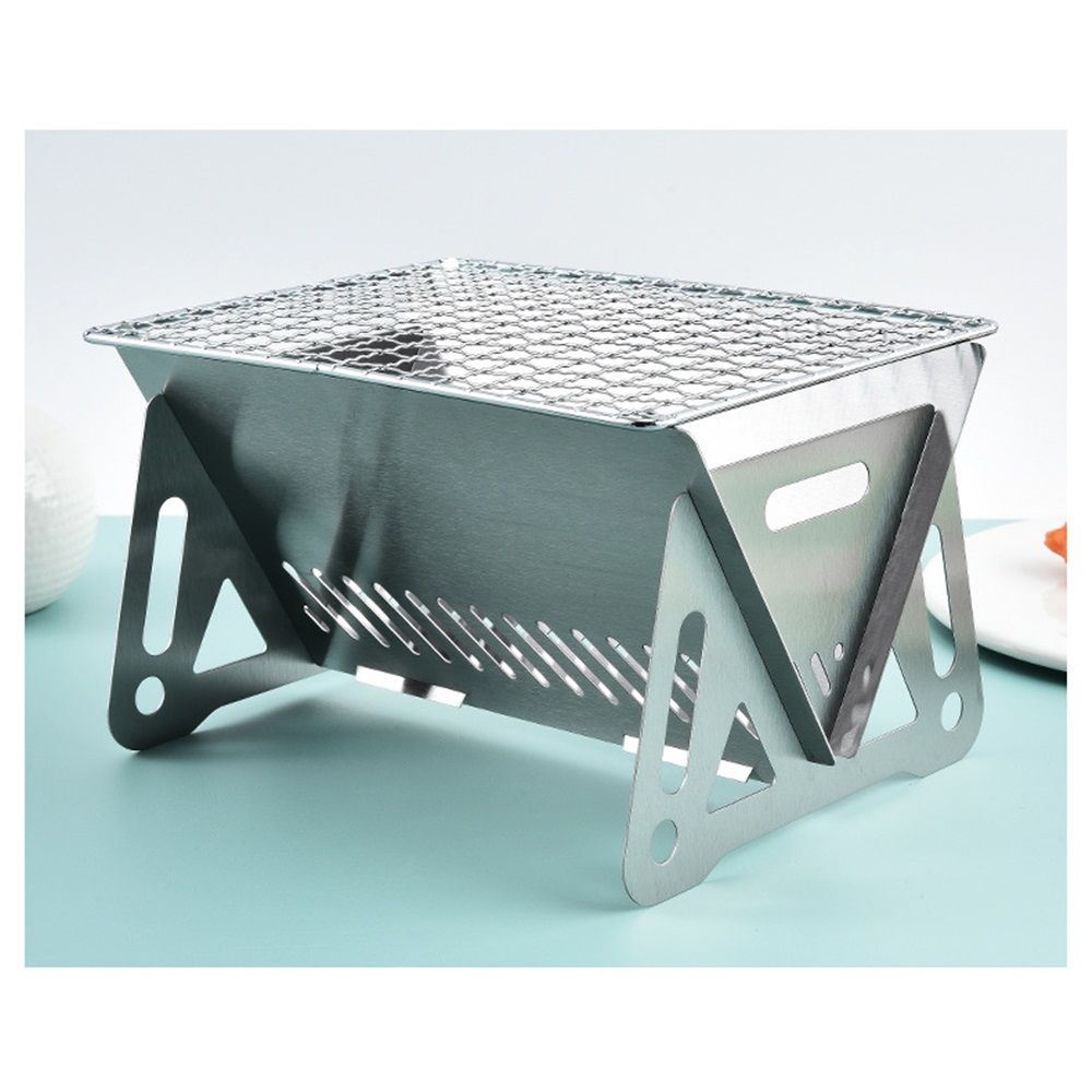 Portable Backpacking Stove with Grill Grid, Folding Stainless Steel Charcoal Grill, Ultralight BBQ Wood Burning Camp Stove for Hiking Picnic Garden Backyard Cooking（small size）