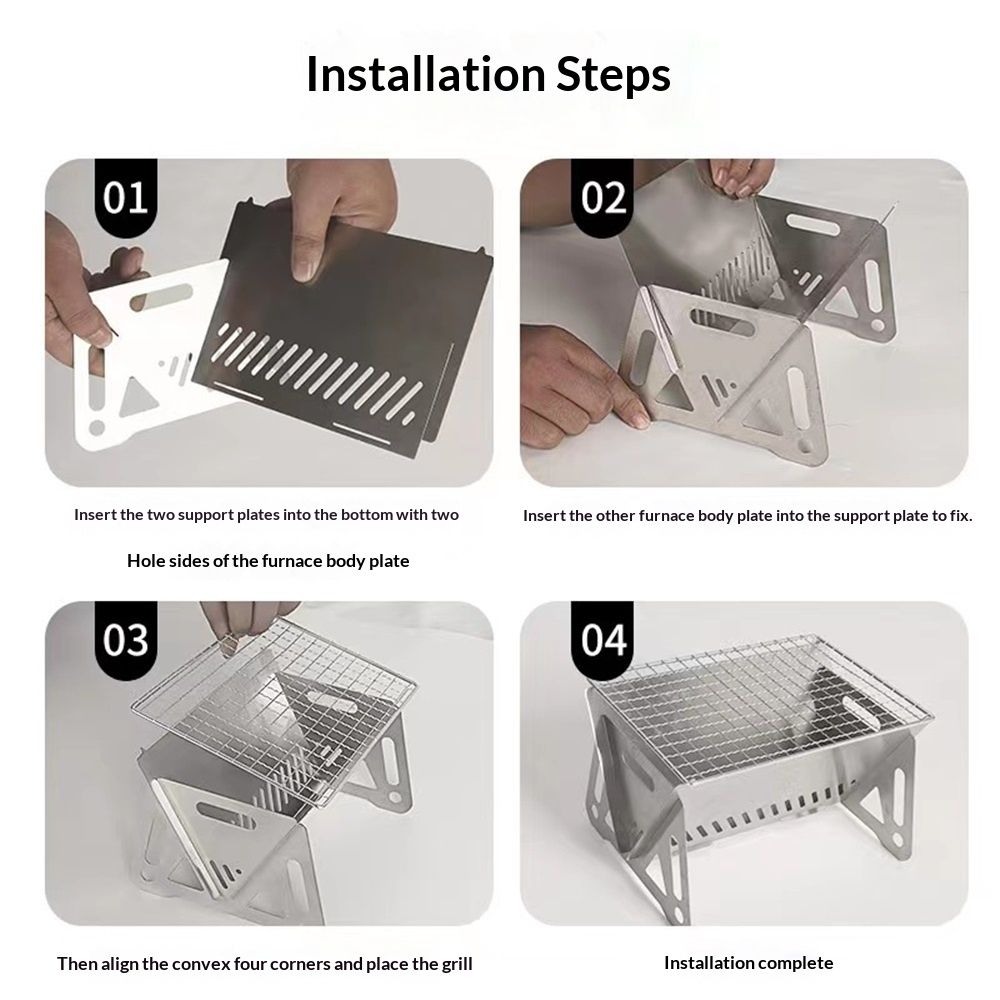 Portable Backpacking Stove with Grill Grid, Folding Stainless Steel Charcoal Grill, Ultralight BBQ Wood Burning Camp Stove for Hiking Picnic Garden Backyard Cooking（small size）