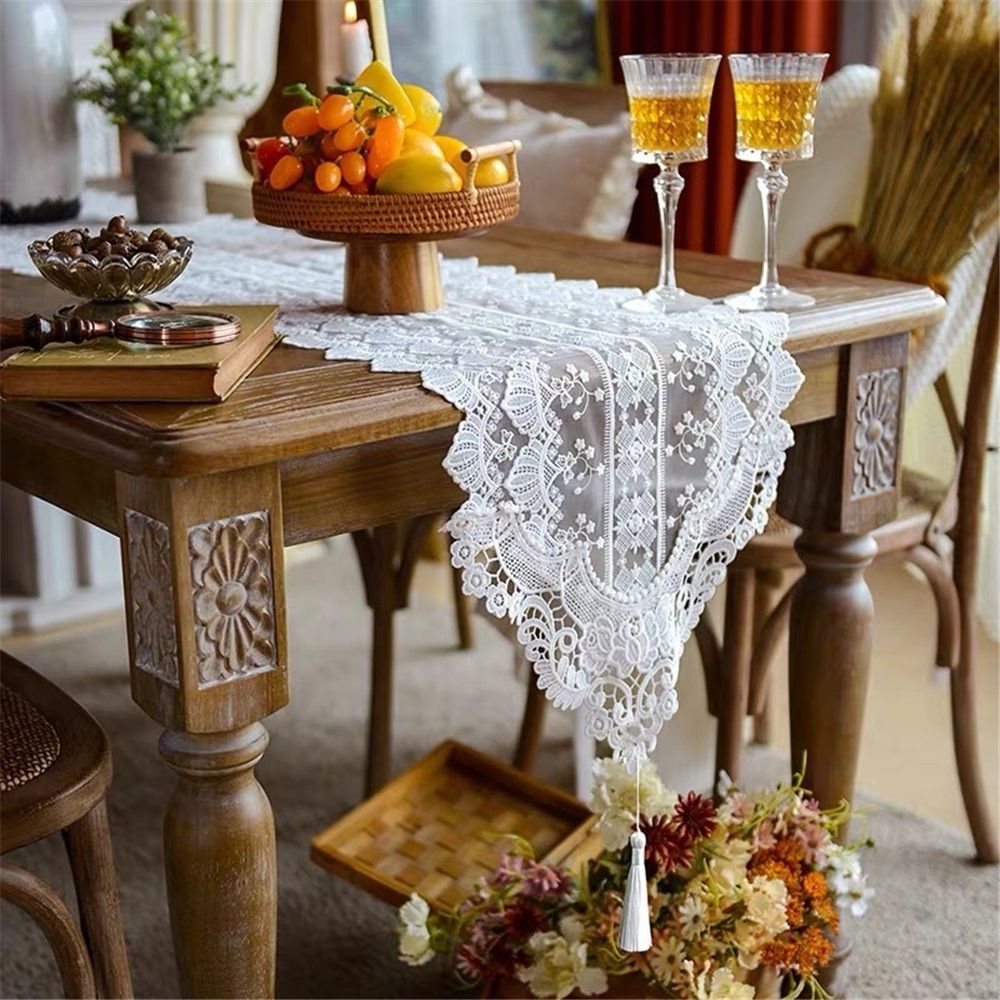 White lace exquisite rectangular dining table scarf elegant dress scarf simple and chic rural decoration home kitchen festival wedding party living room (white, 35*180cm)