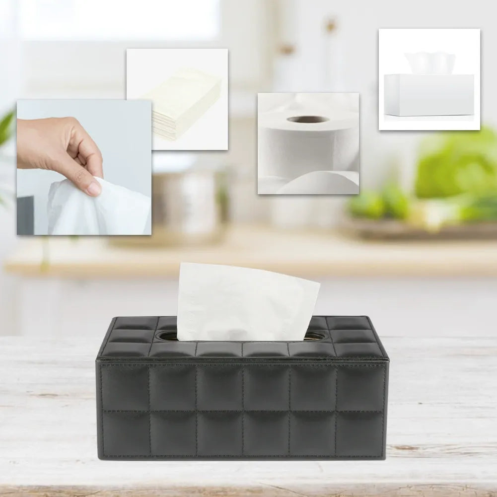 PU Leather Tissue Box Holder Business Black, Rectangular Napkin Holder Drawer Paper Dispenser, Home Office Car Tissue Holder with Magnetic Bottom (Black)
