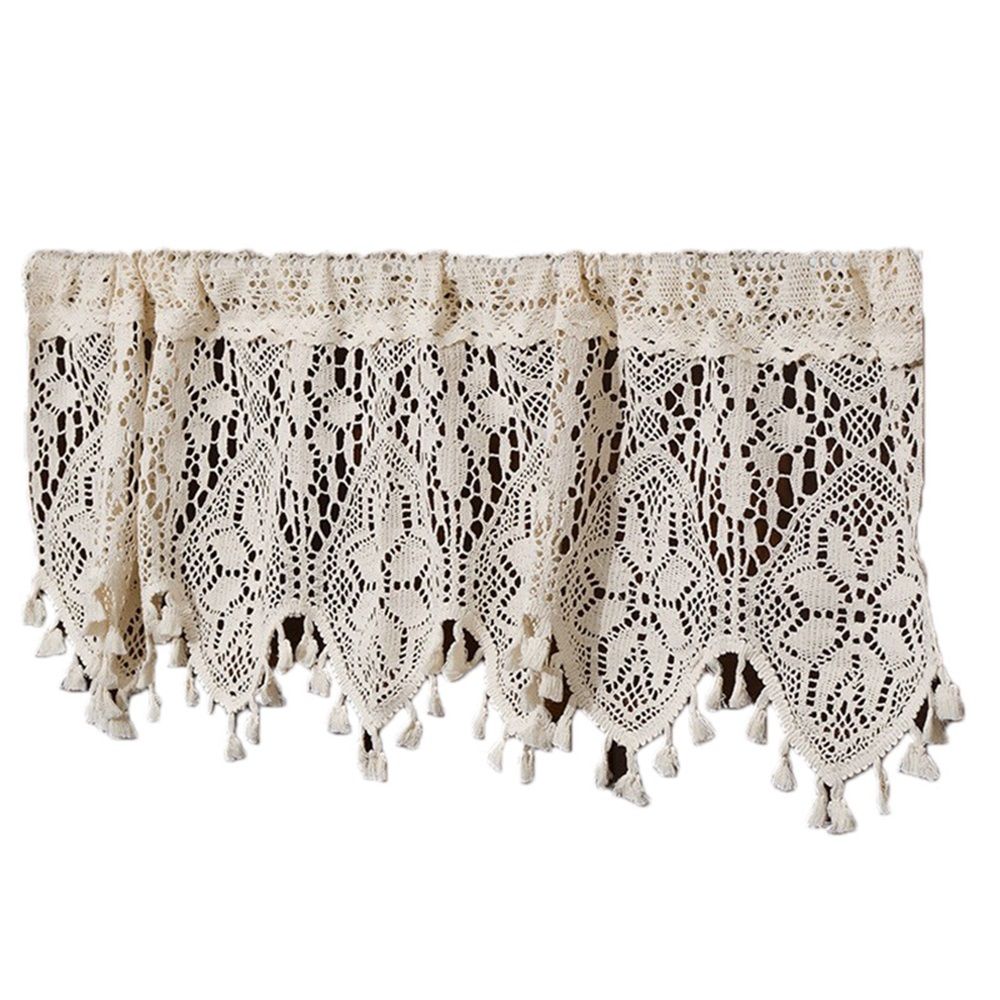 Boho Crochet Lace Sheer Curtain Valance for Kitchen Windows Vintage Valances for Dining Room Living Room Farmhouse Rustic Crochet Valance Rod Pocket 1 Panel （120*38cm）