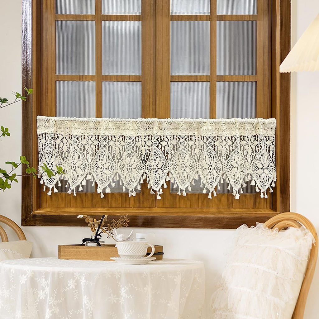Boho Crochet Lace Sheer Curtain Valance for Kitchen Windows Vintage Valances for Dining Room Living Room Farmhouse Rustic Crochet Valance Rod Pocket 1 Panel （120*38cm）