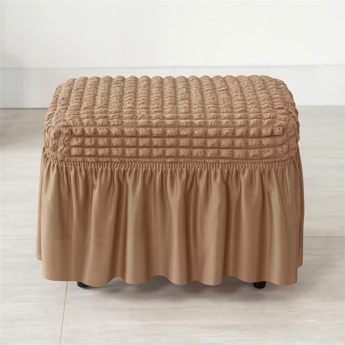 Lattice Stretch  Cover Soft Stretch Slipcover with Skirt Polyester Rectangle Footstool Modern Furniture Protector Bubble Covers for Living Room and Bedroom（khaki）