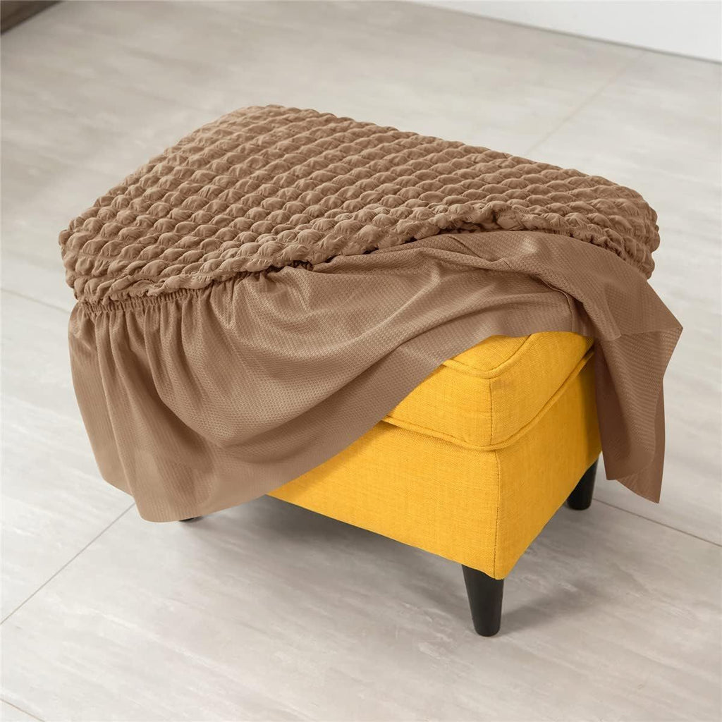 Lattice Stretch  Cover Soft Stretch Slipcover with Skirt Polyester Rectangle Footstool Modern Furniture Protector Bubble Covers for Living Room and Bedroom（khaki）