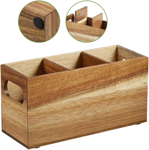 3 Compartment Wooden Utensil Caddy Organizer for Kitchen Counter - Cooking Utensil Crock for Countertop（22.9*8.9*11.4cm）