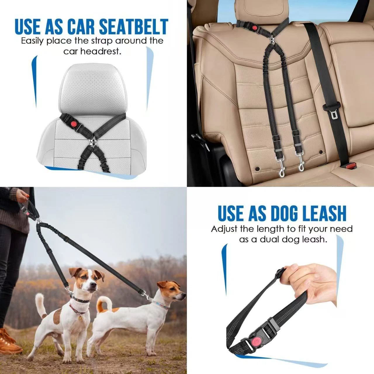 2pcs Dual Pet Car Headrest Restraint Safety Seatbelt No Tangle Dog Leash Duty Adjust Elastic Bungee Puppy Lead Splitter Connect Harness in Vehicle Travel(Black)