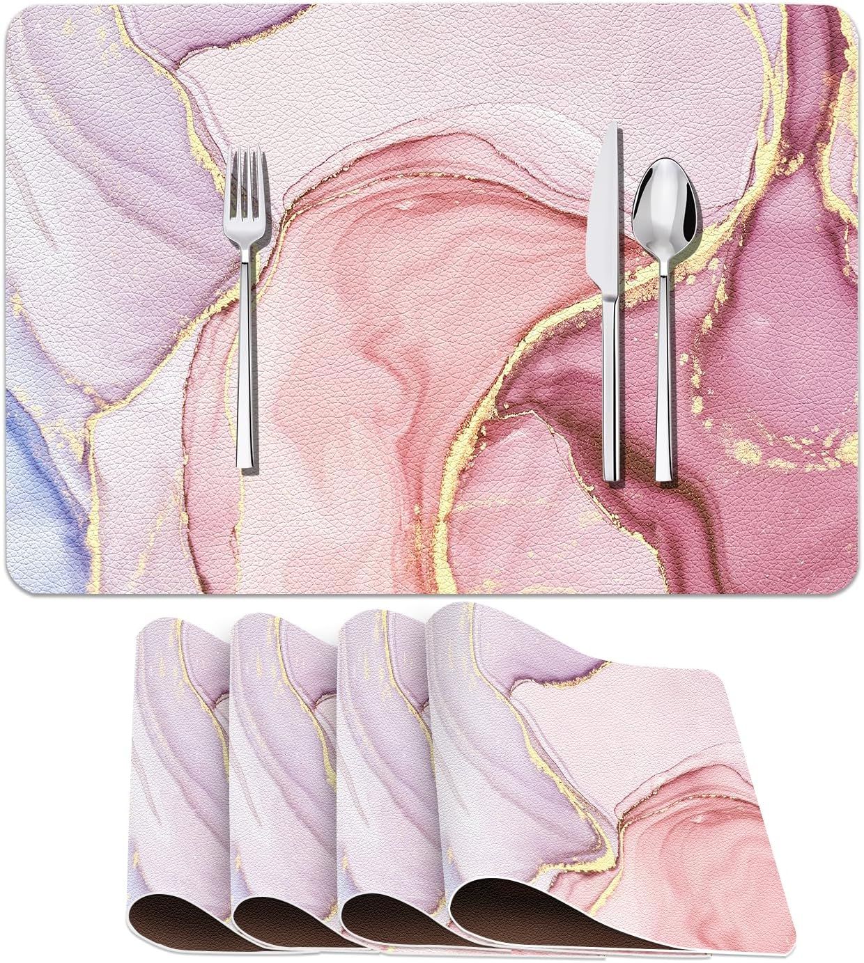 linen Placemats Set of 4, Marble Watercolor Vintage Pink Girl Cute  Placemat for Ding Table Heat-Resistant Non-Slip Table Place Mats for Party Coffee Bar,
