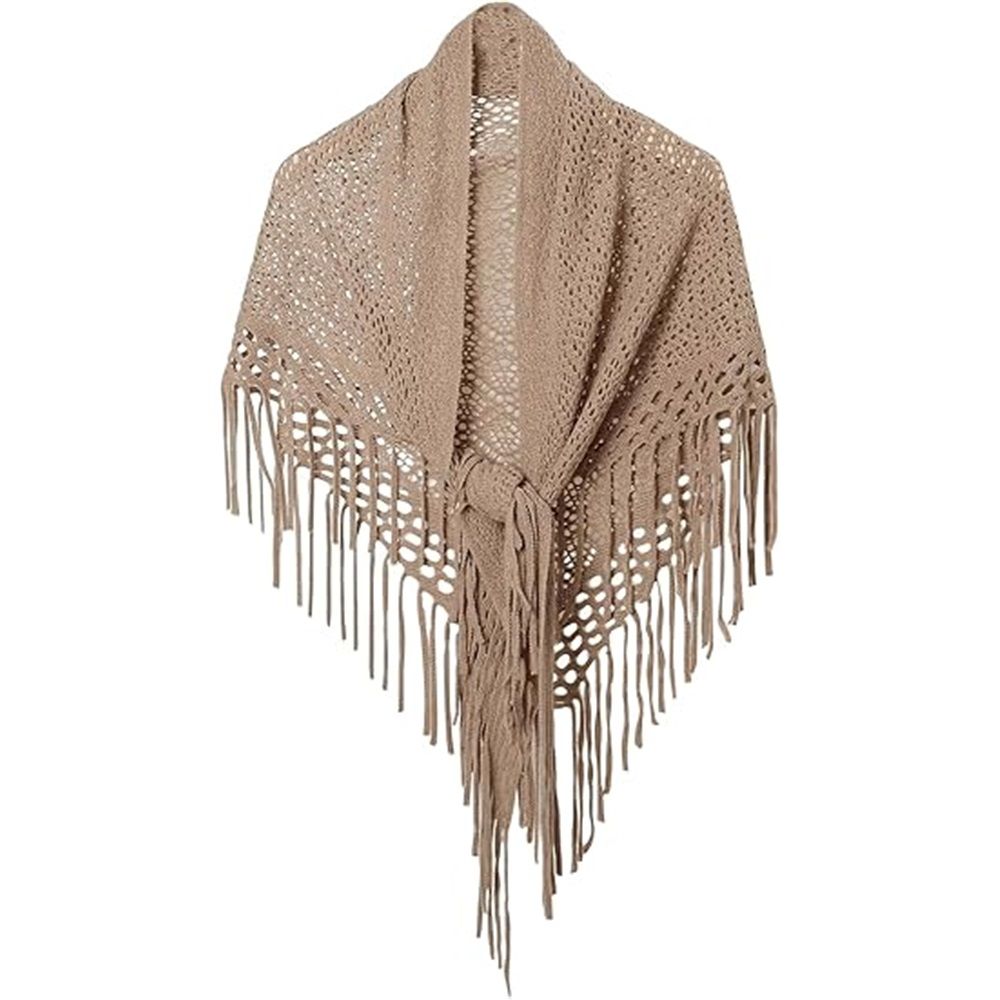 Women's Fringe Shrug Sweaters Shawl Front Warp Cardigan Hollow Out Knitted Shawl Wraps（khaki）