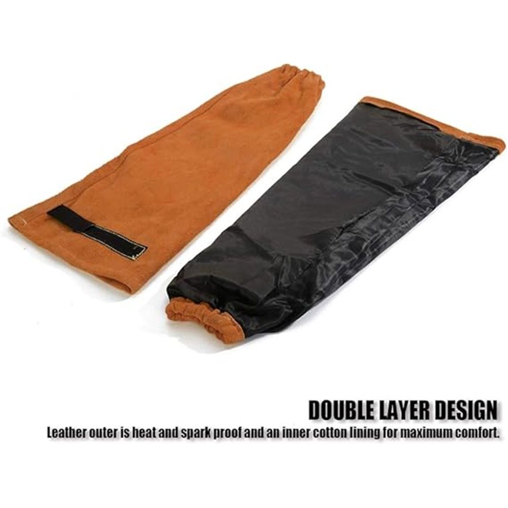 a pair of Leather Welding Work Sleeves for Men&Women - Heat&Flame Resistant Arm Protection with  Stitching and Cotton Lining