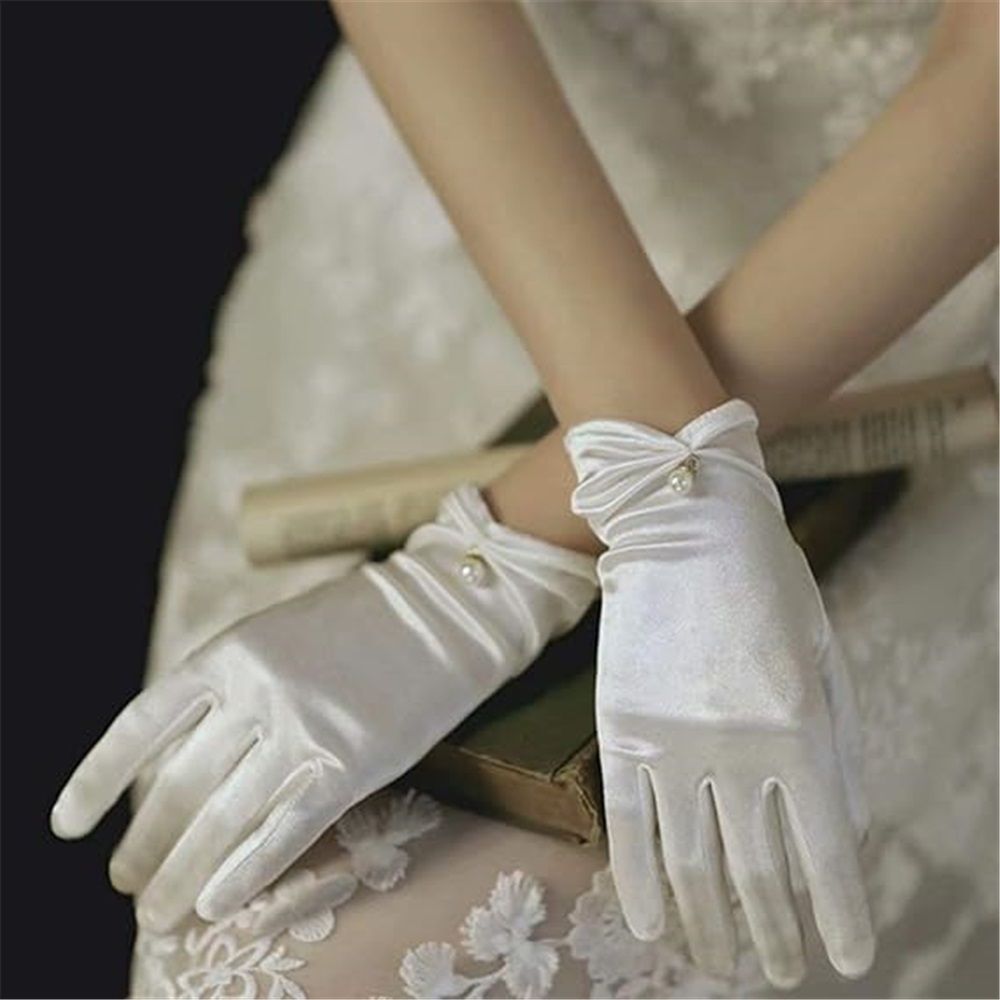 Elegant satin gloves for weddings and brides - Short wrist satin gloves for opera and dinner parties, shopping guide counter accessories display gloves（white）