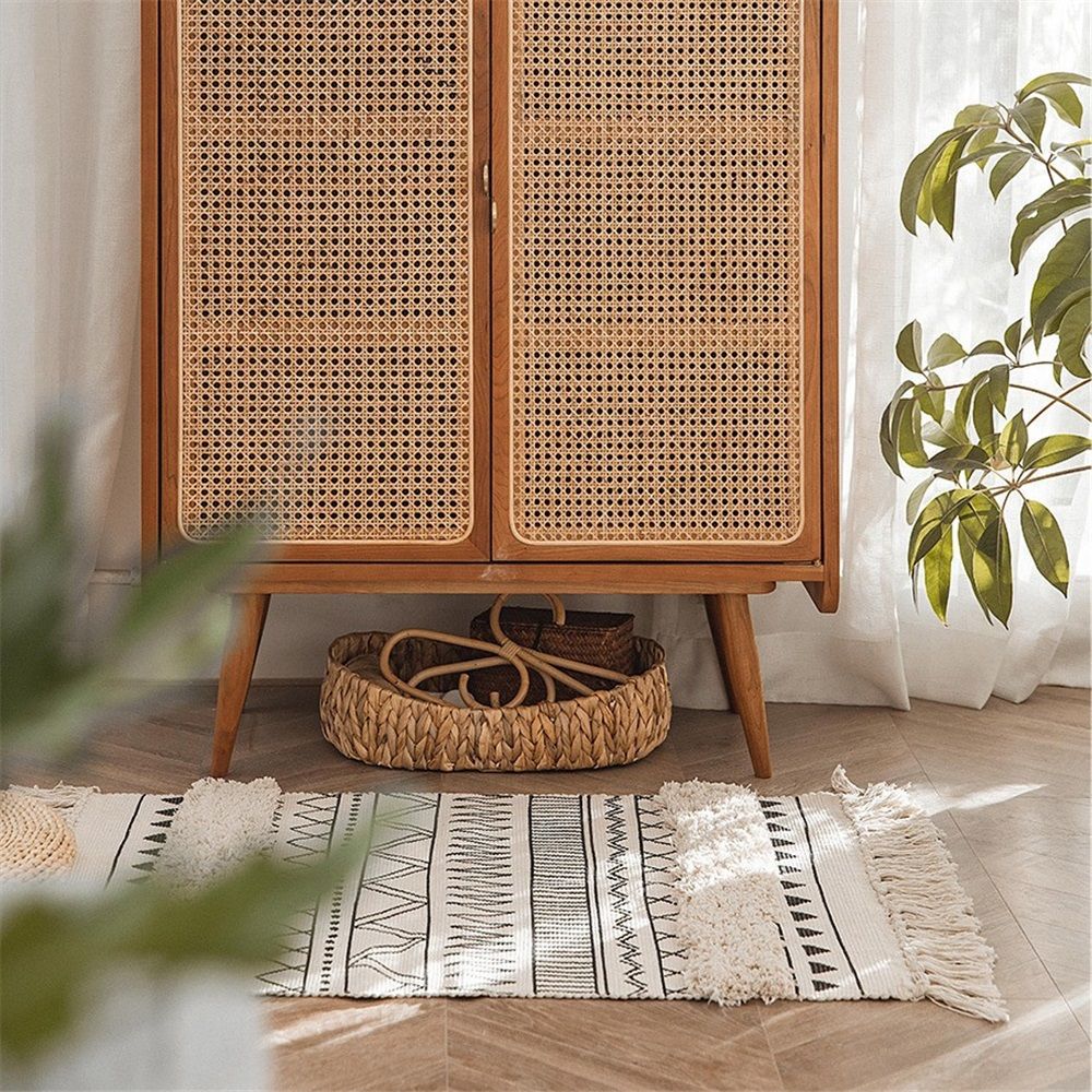 Bohemian Rugs- Cotton Braided Black and White Rug Decorative Hand Woven Front Porch Doormat with Tassel（Black and white tassel）