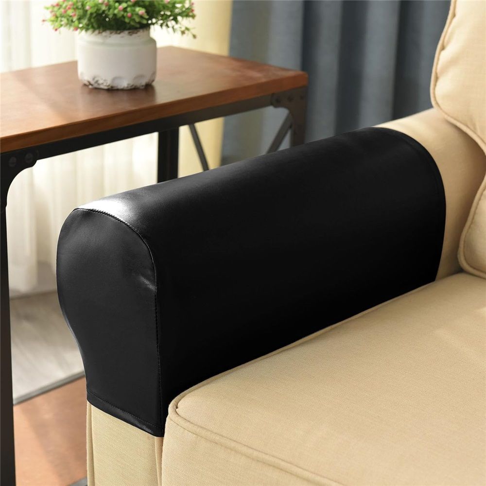 Waterproof Faux Pu Leather Armrest Covers Vintage Stretch Arm Covers for Chairs Couch Sofa Armchair Slipcovers for Recliner Sofa 2pcs,Black