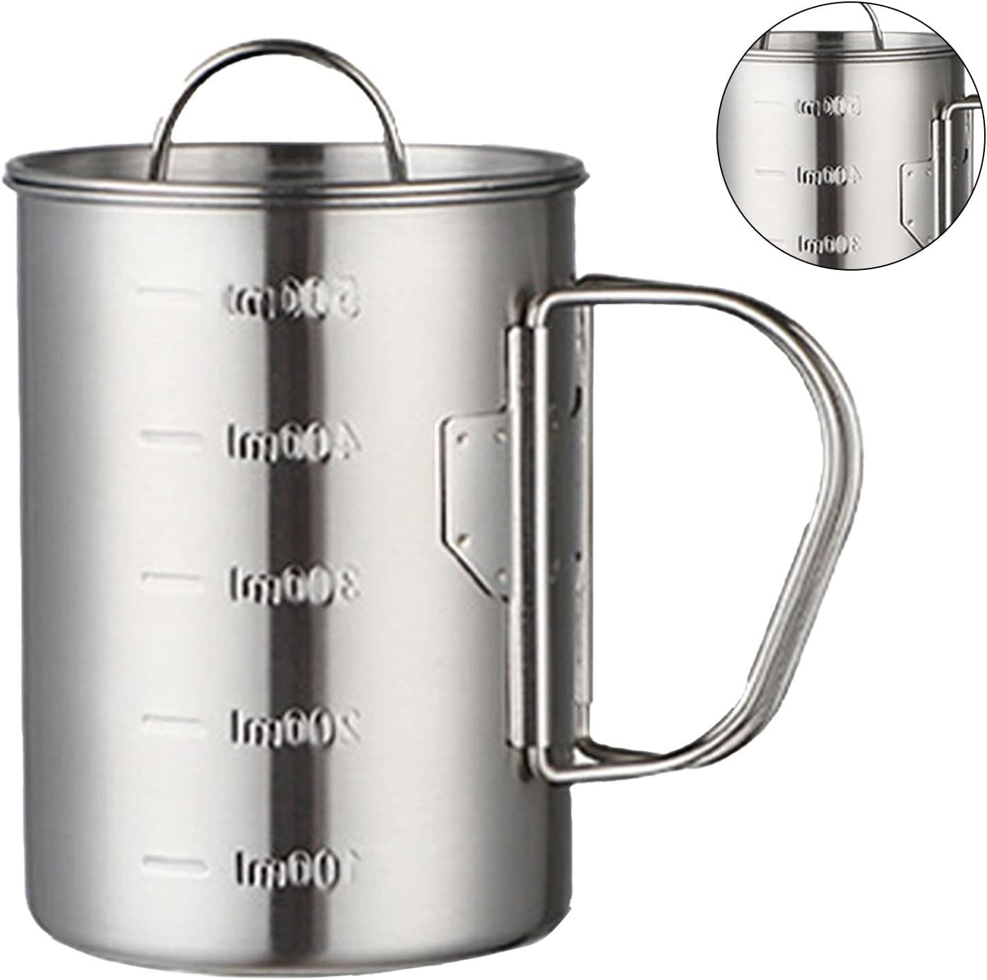 Stainless Steel Camping Cup, 500ml Fireproof Metal Cup with Lid and Foldable Handle, High Temperature Direct Heating, Great for Backpacking