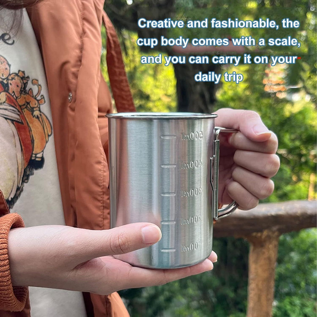 Stainless Steel Camping Cup, 500ml Fireproof Metal Cup with Lid and Foldable Handle, High Temperature Direct Heating, Great for Backpacking