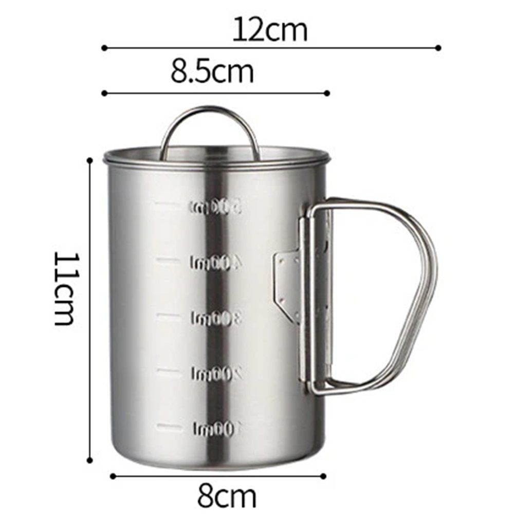 Stainless Steel Camping Cup, 500ml Fireproof Metal Cup with Lid and Foldable Handle, High Temperature Direct Heating, Great for Backpacking